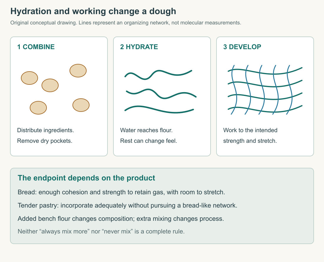 An original conceptual diagram follows incorporation, hydration and dough development, then contrasts the network needed for bread with the more restrained handling of tender pastry. Lines are schematic rather than molecular measurements.