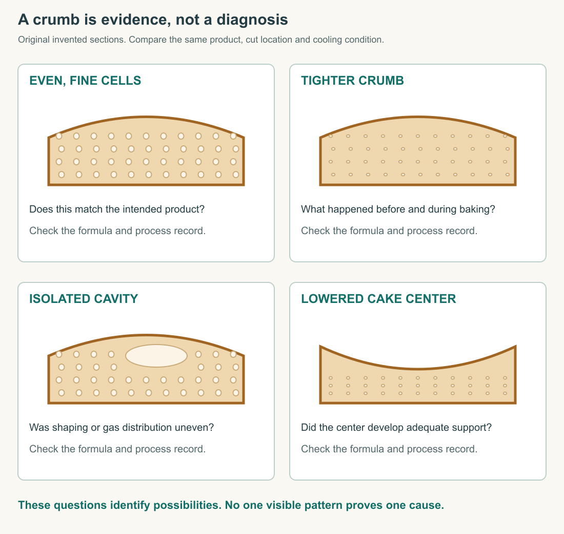Four original schematic sections show an even fine crumb, a tight crumb, an isolated large cavity and a cake with a lowered center. Each is paired with a question about the recorded process; none is assigned a single certain cause.