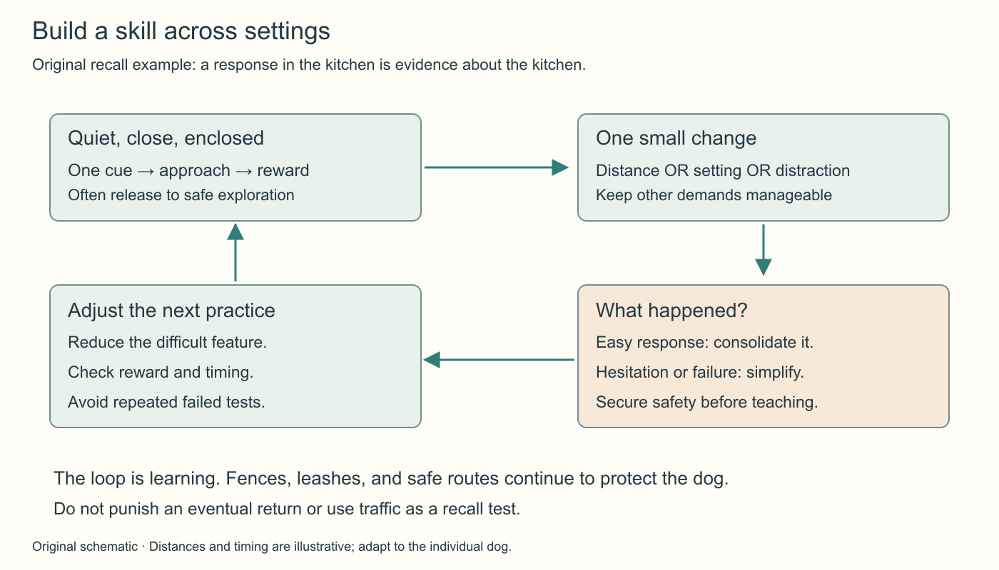 A recall-learning loop moves from an easy secure setting to one small change, observes the result, and simplifies the next practice when needed. Safety management continues throughout.