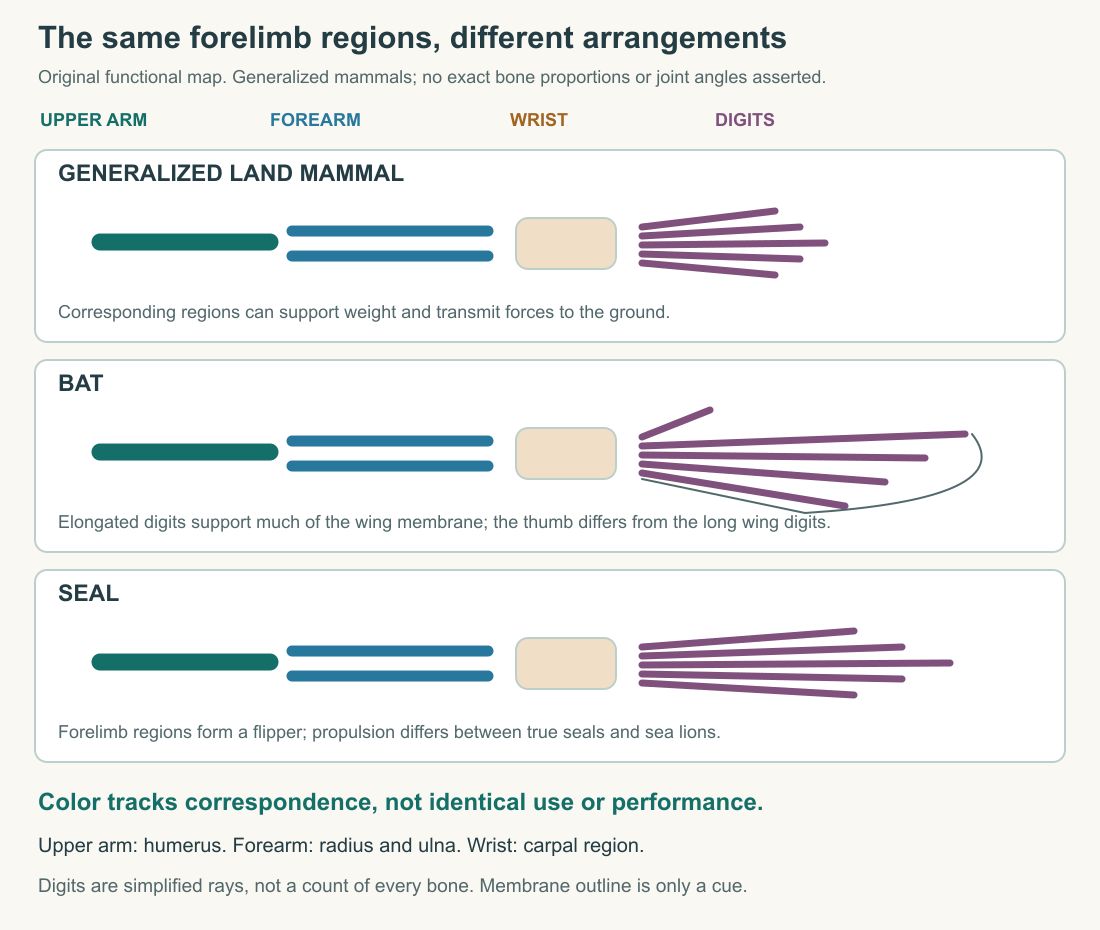 Original forelimb correspondence map for a terrestrial mammal, bat and seal. Shared colors identify humerus, radius and ulna, wrist and digits. Captions distinguish anatomical correspondence from present locomotor role.