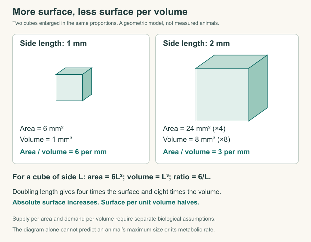 Doubling cube length quadruples surface area and multiplies volume by eight, halving surface area per volume.