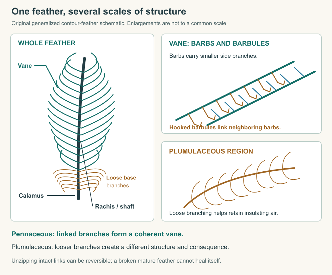Original generalized feather diagram showing a shaft and vane, a close view of interlocking branches, and loose downy branching. The panels use different explanatory scales.