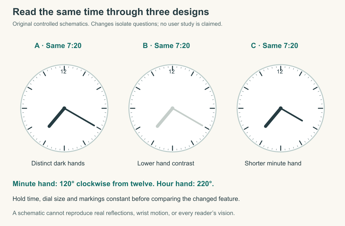 Three original schematic dials show the same time, 7:20, with different hand contrast and reach. They isolate design variables and are not photographs or measured readability results.
