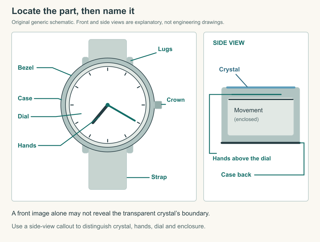 Original schematic locating the bezel, crystal, dial, hands, crown, lugs and strap on a generic analog watch. The side view separates the crystal above the dial from the case back below the movement.