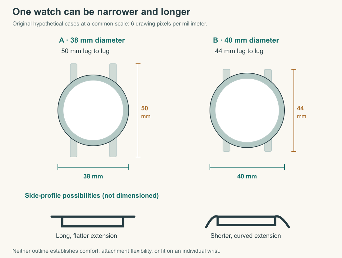 Two hypothetical round watches drawn at a common scale: A is 38 mm across and 50 mm lug to lug; B is 40 mm across and 44 mm lug to lug. Side profiles illustrate differing lug shapes without predicting an individual fit.
