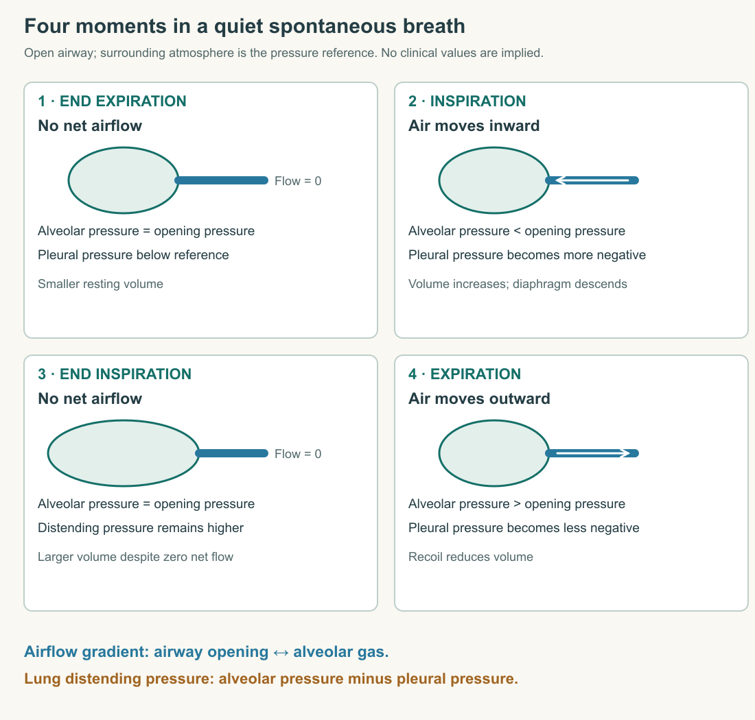 Original four-stage sequence for a quiet spontaneous breath: end expiration with no net flow, inspiration with inward flow, end inspiration with no net flow at a larger volume, and expiration with outward flow. Relative alveolar and pleural pressures are distinguished; the drawing is conceptual, without clinical pressure values.
