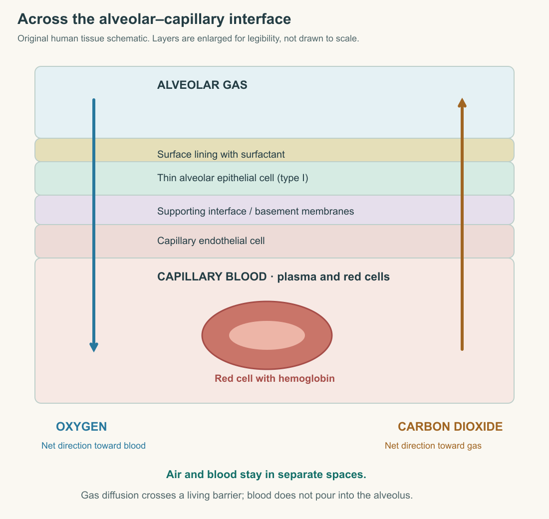 Original enlarged alveolar–capillary interface showing alveolar gas, surface lining, thin alveolar epithelium, supporting interface, capillary endothelium, plasma and a red blood cell. Separate arrows show oxygen toward blood and carbon dioxide toward alveolar gas. Layers are enlarged for legibility and are not drawn to scale.