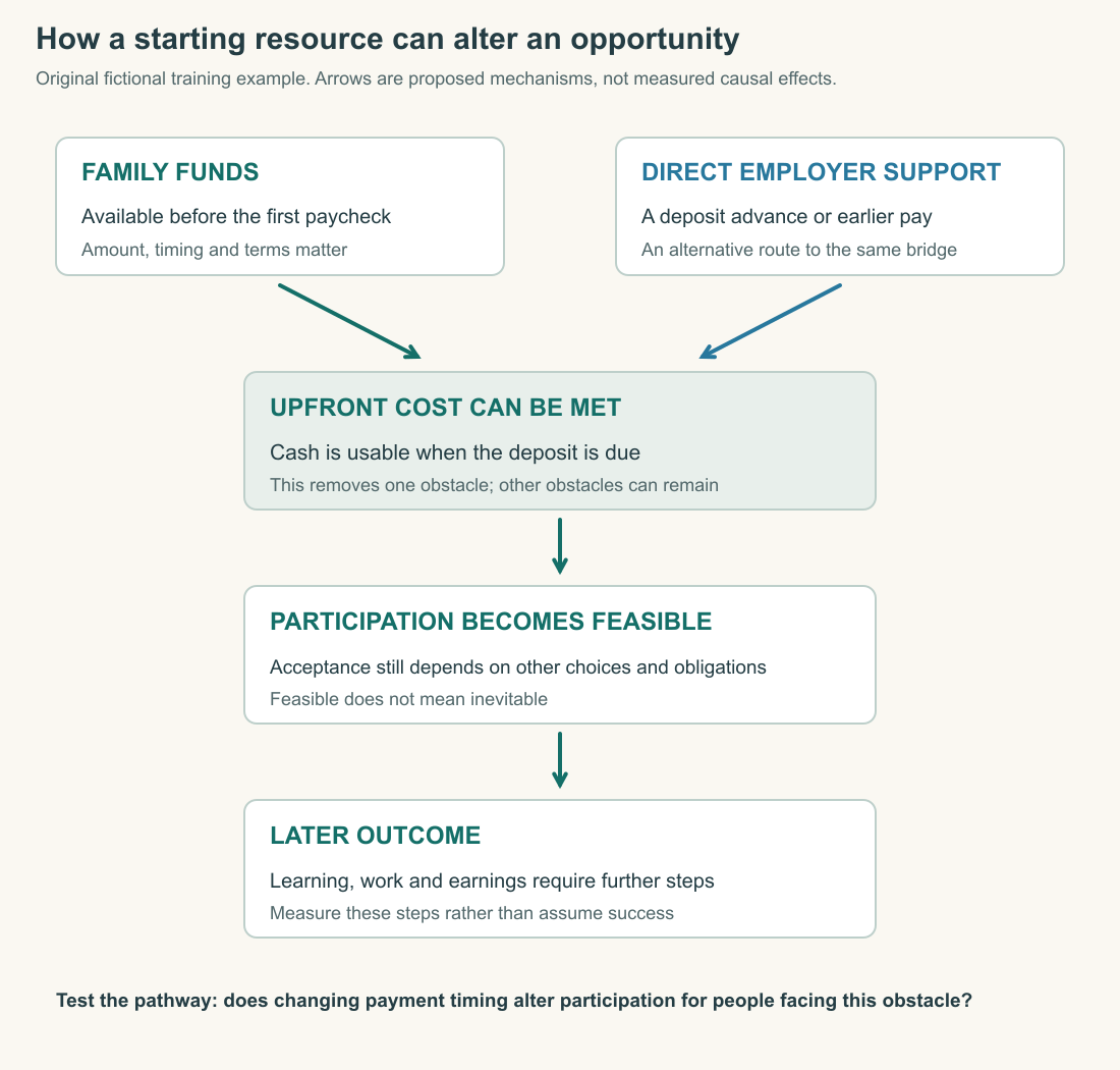 An original pathway diagram distinguishes family resources, an immediate bridge or opportunity, participation, and a later outcome, with alternative routes and conditions marked explicitly.